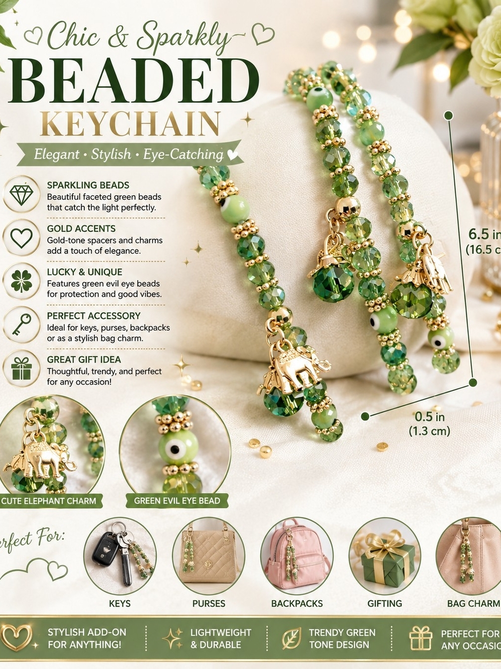 3 Chic & Sparkly Green Beaded Keychain with Gold Accents